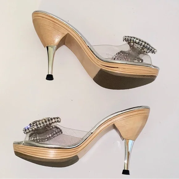Vintage Betsey Johnson Polly Mules Rhinestone Bow Wood Heel Pin Up - Picture 8 of 14